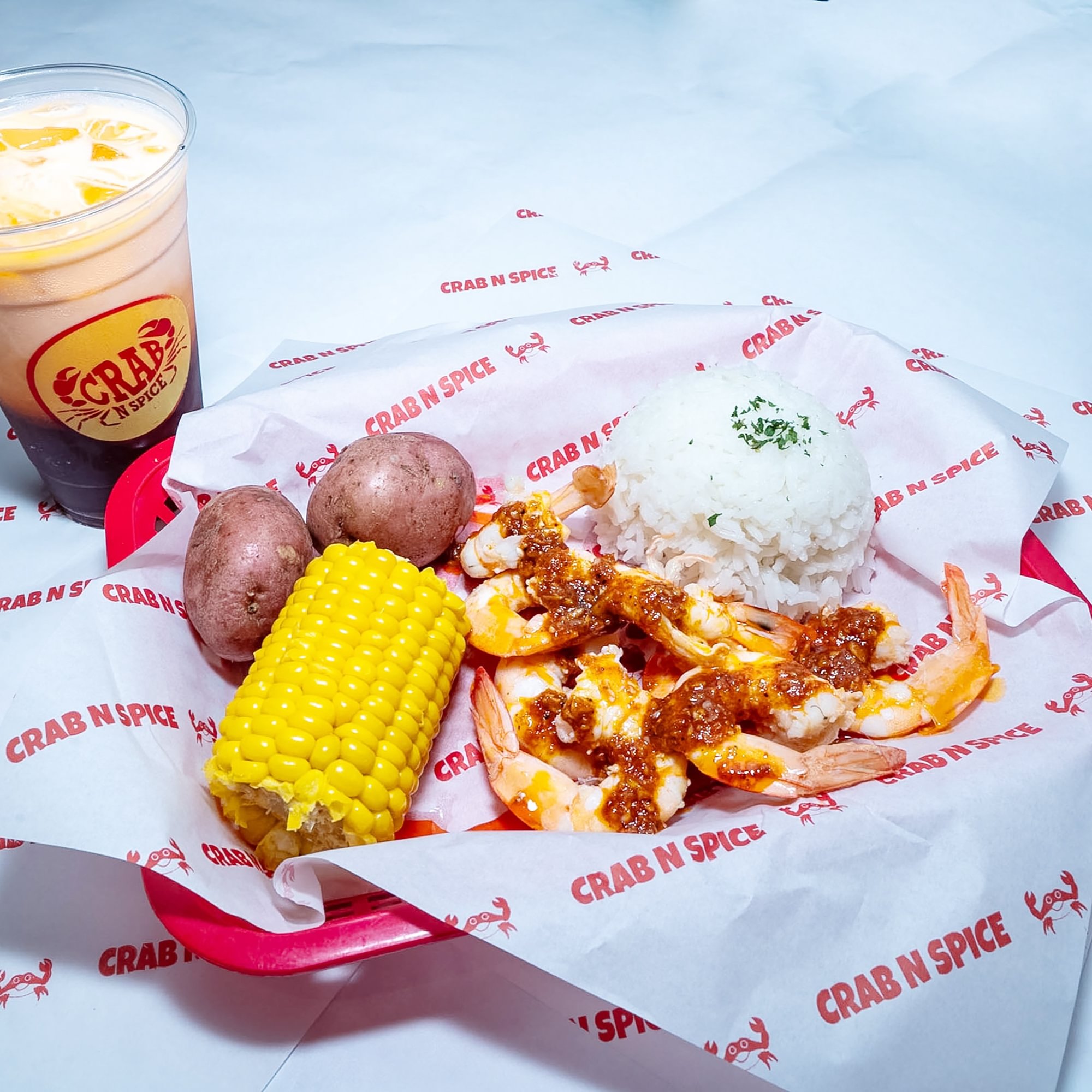 1/2lb Peeled shrimp with Rice /corn/2 Potatos and Drink