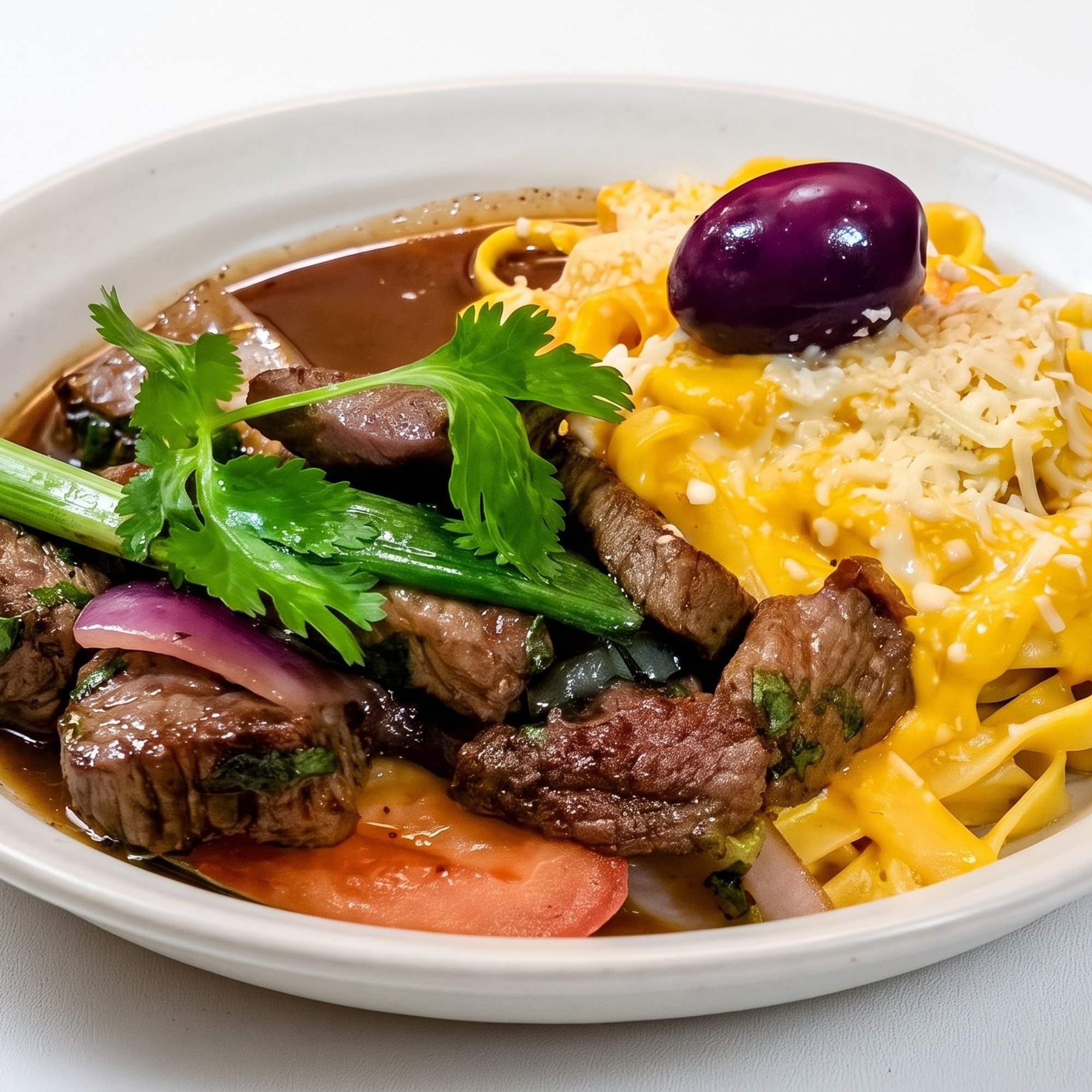 Fettuccine con Lomo Saltado [Fettuccine with Stir-Fried Beef]