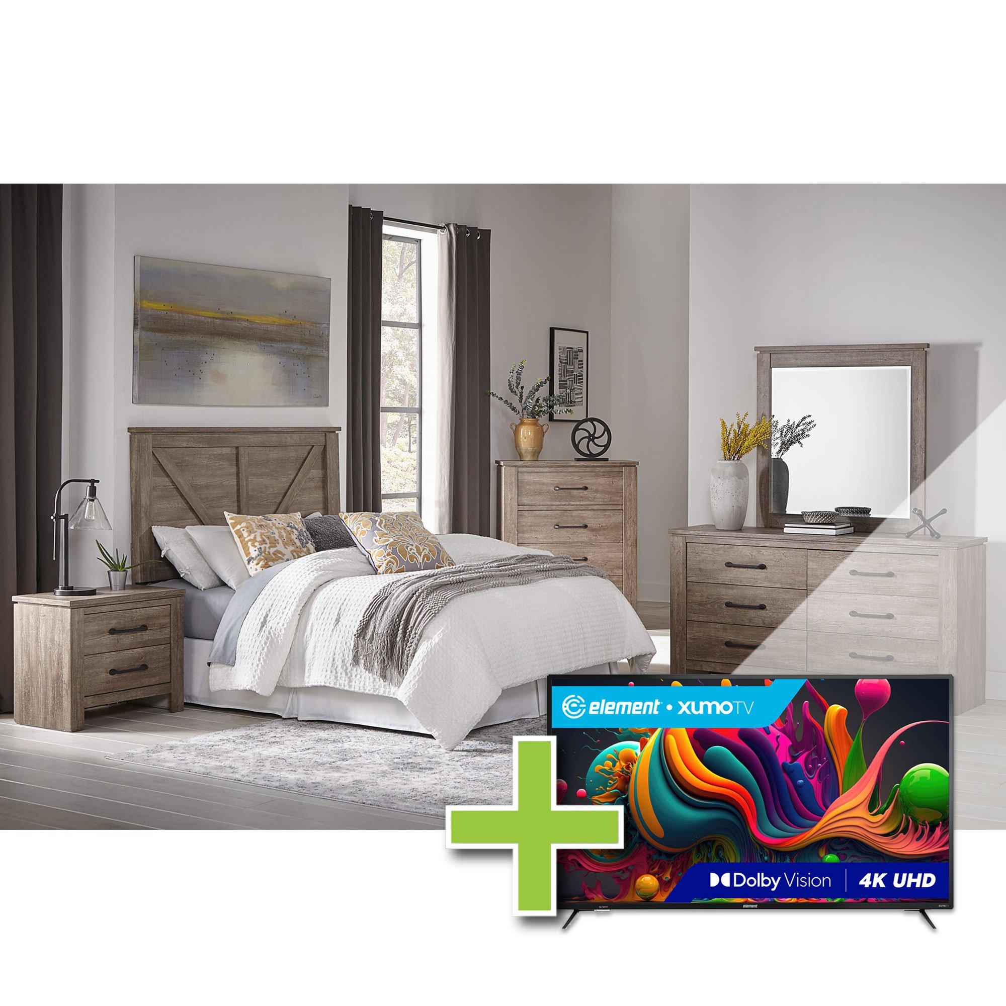 Queen Adorna Bed w/Dresser, Mirror, Nightstand + 55" Element TV