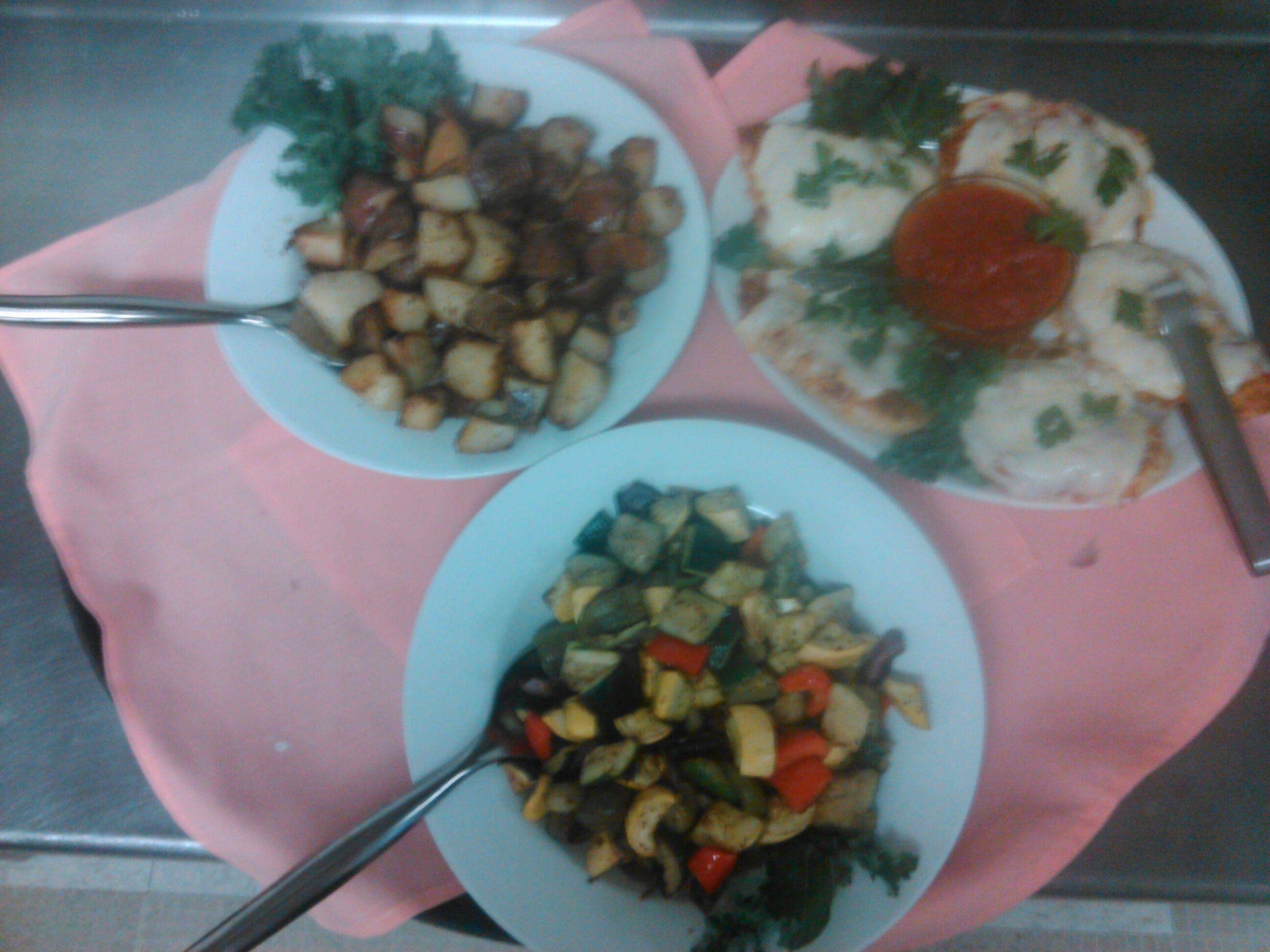 Roasted veggies, Red skin potatoes, and Chicken Parmesan, Family style