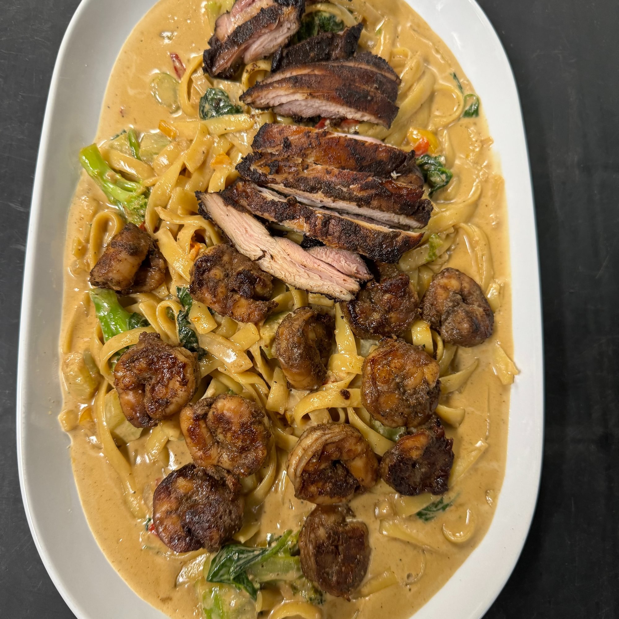 Jerk Chicken & Shrimp Alfredo Pasta