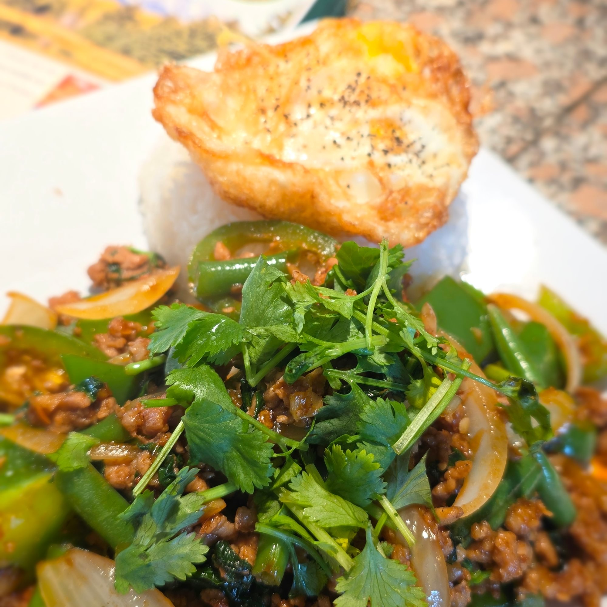 Pork & Holy Basil Stir-Fry (Pad Kra Pao) + Sunny-Side-Up Egg