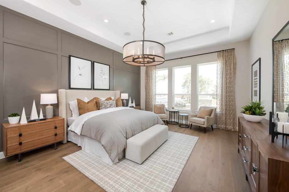 Spacious Artisan primary bedroom with tray ceiling