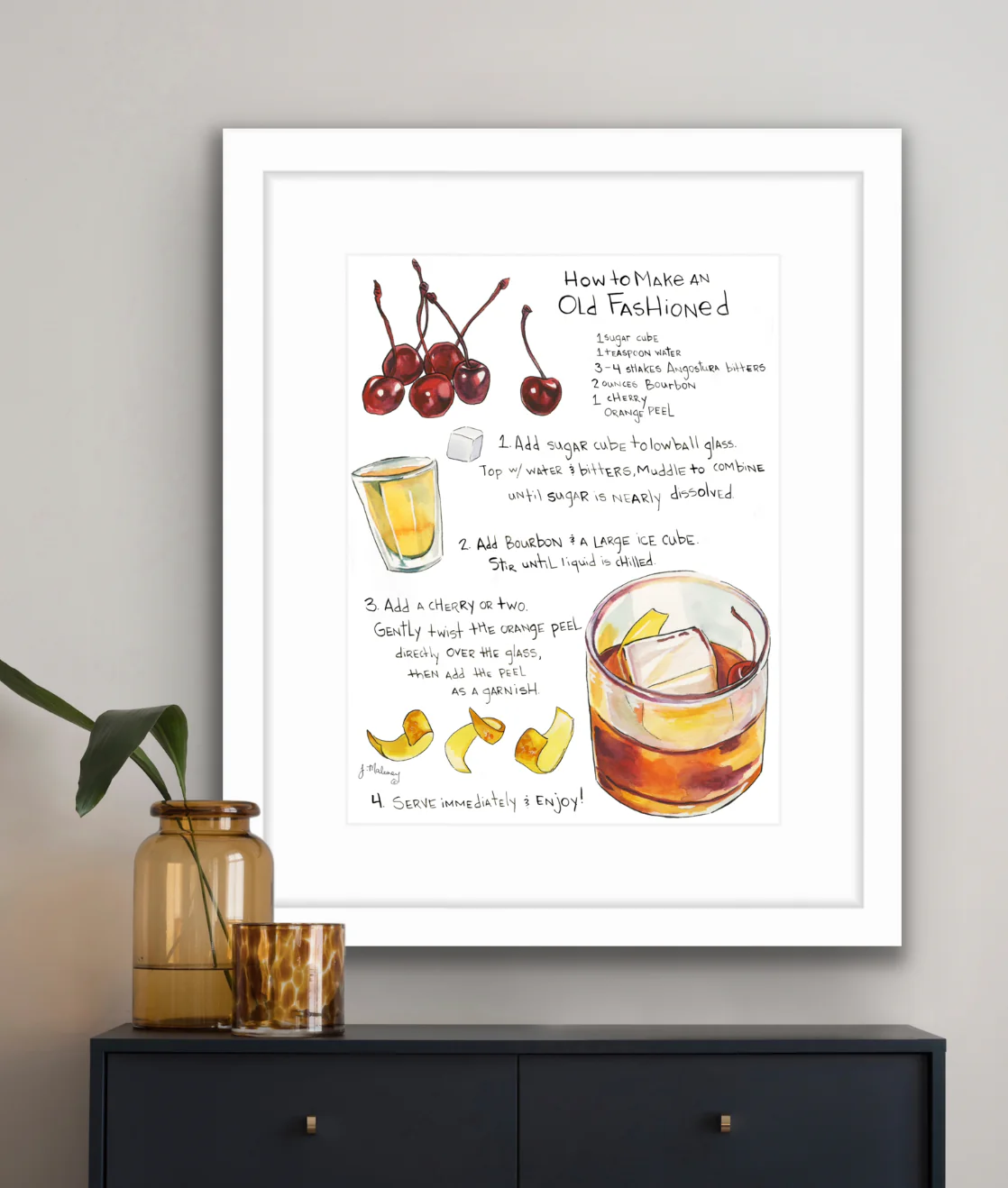 Old Fashioned - Cocktail Recipe Art: Black Frame / 16 x 20 Matted Print