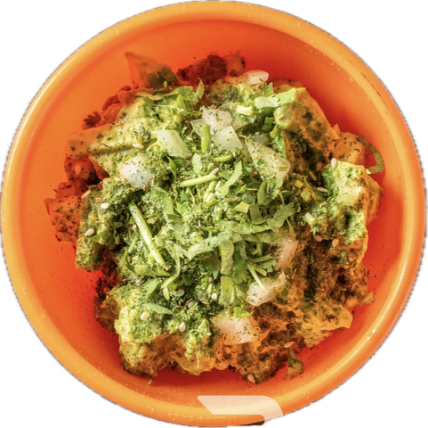 Chunky Avocado Hummus, Our Guacamole, Cilantro, Onions, Zatar, Zhoug sauce, Pita chips