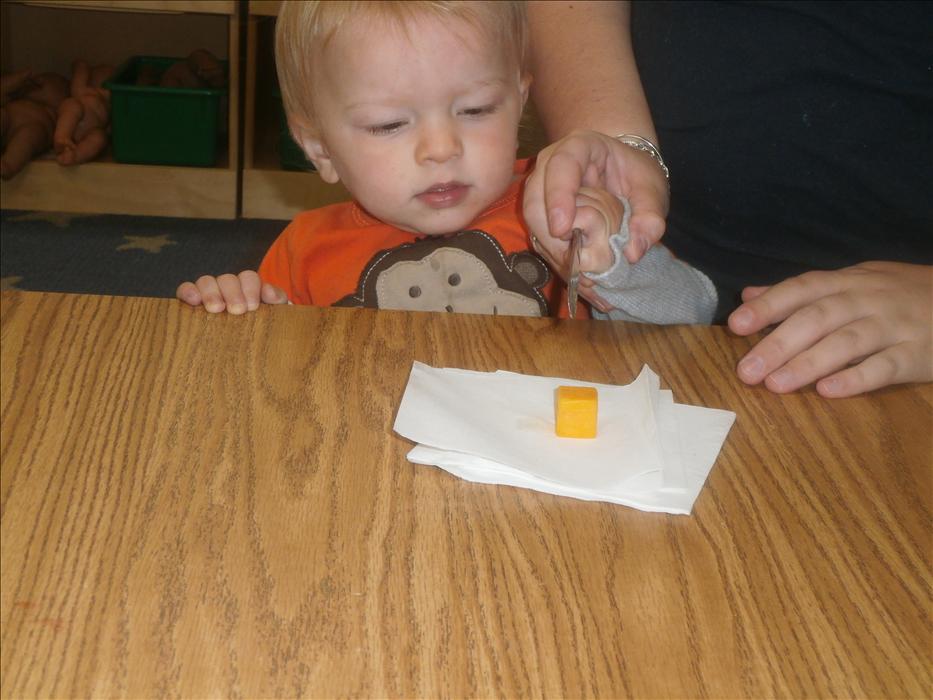 Exploring foods!! Our toddlers work on their eye hand coordination, cause and effect and fine motor skills as they learn how to cut a variety of different foods.