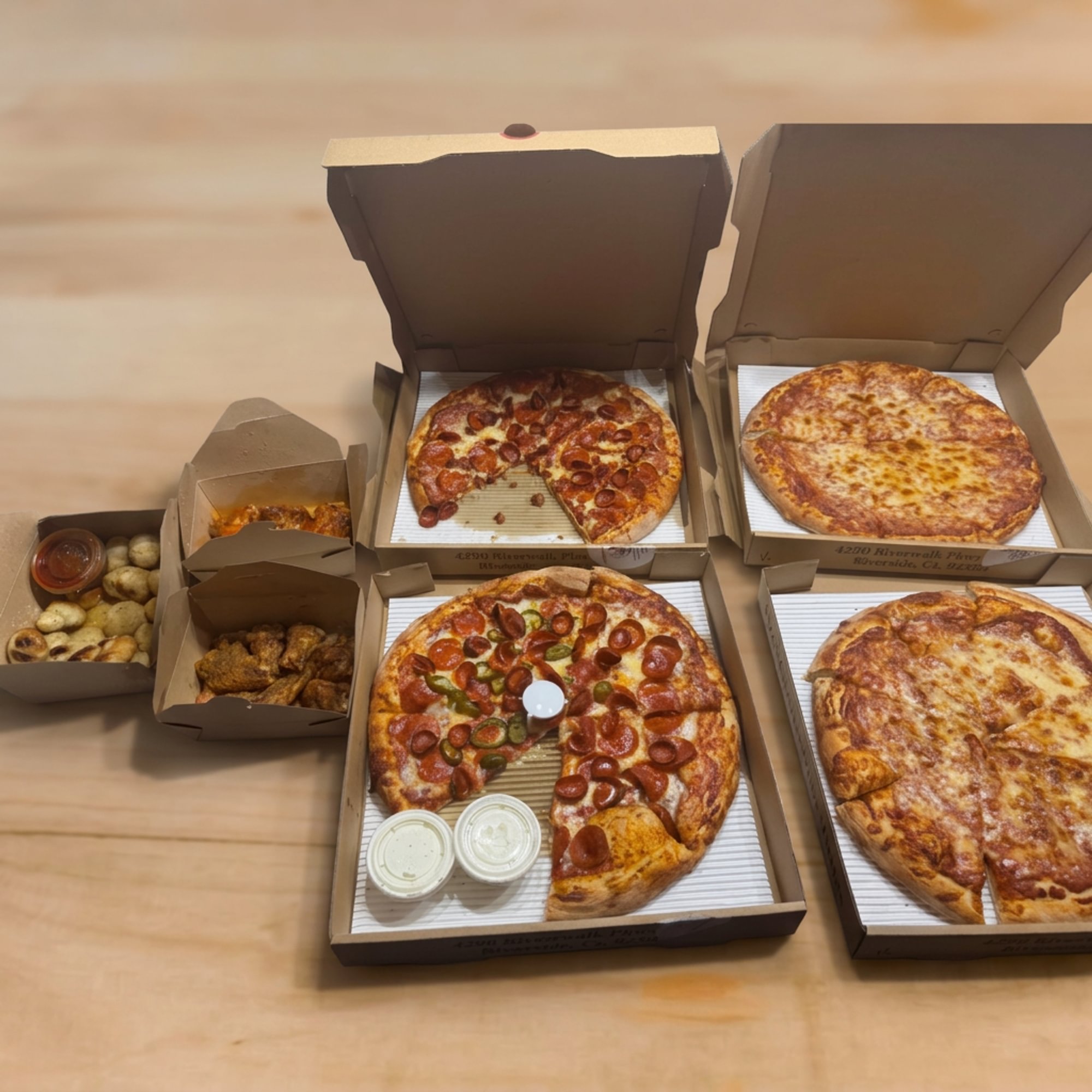 Ultimate Party Pack - Four Large Pizzas with Up to 3 Toppings Each, (20 Pieces) Wings & (24 Piece...