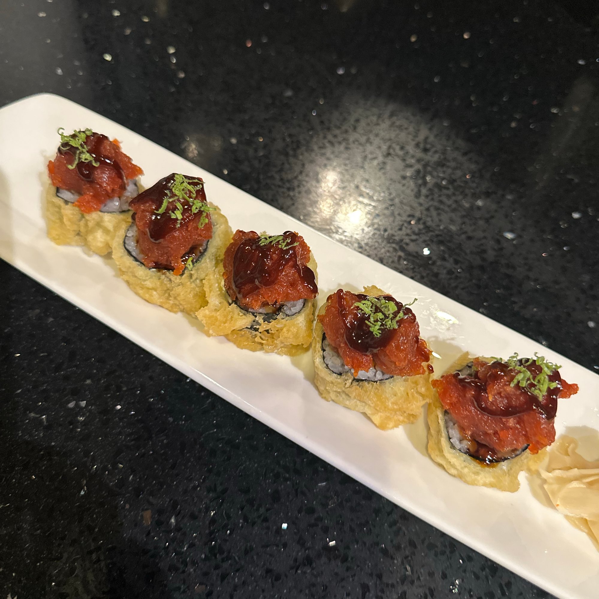 G.C. Tuna Roll, Tempura rice cake, spicy tuna on top