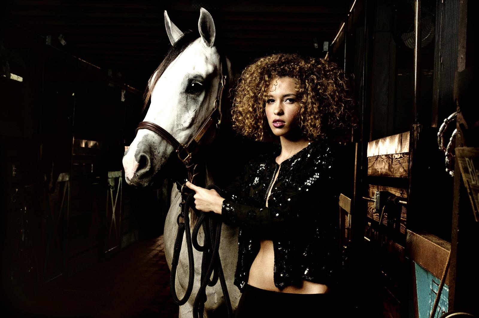 Professional portrait photography sample, brunette woman with horse