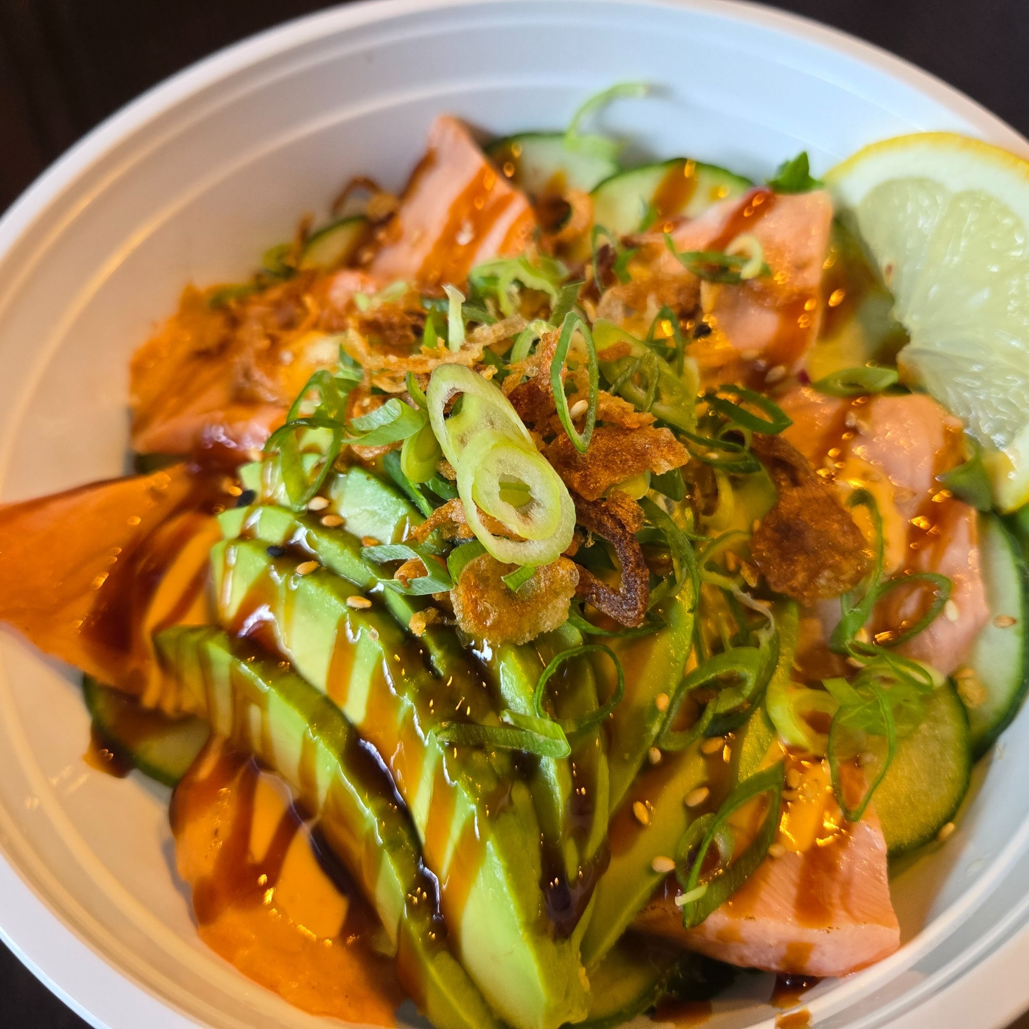Delish Seared Salmon Signature Bowl.