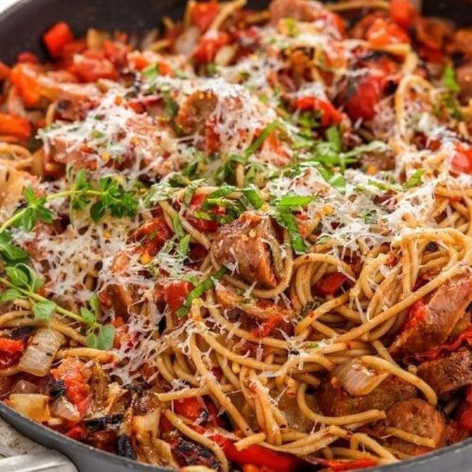 Family Sausage & Pepper Over Spaghetti