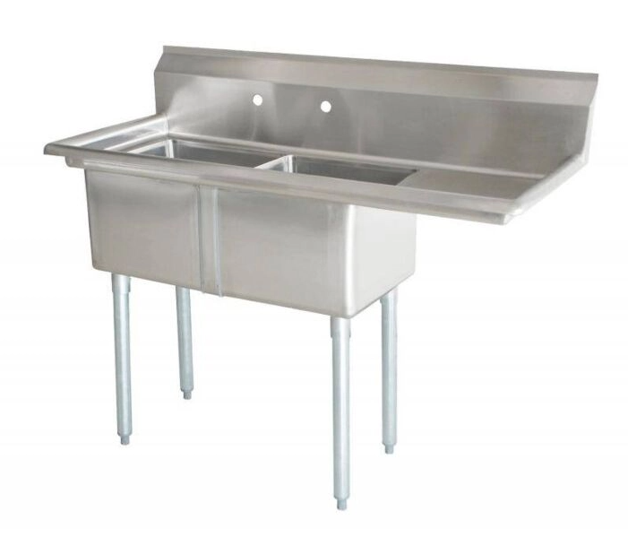 Zanduco 56.5" 18-Gauge Two Compartment Stainless Steel with 3.5" Center Drain and Right Drain Board
