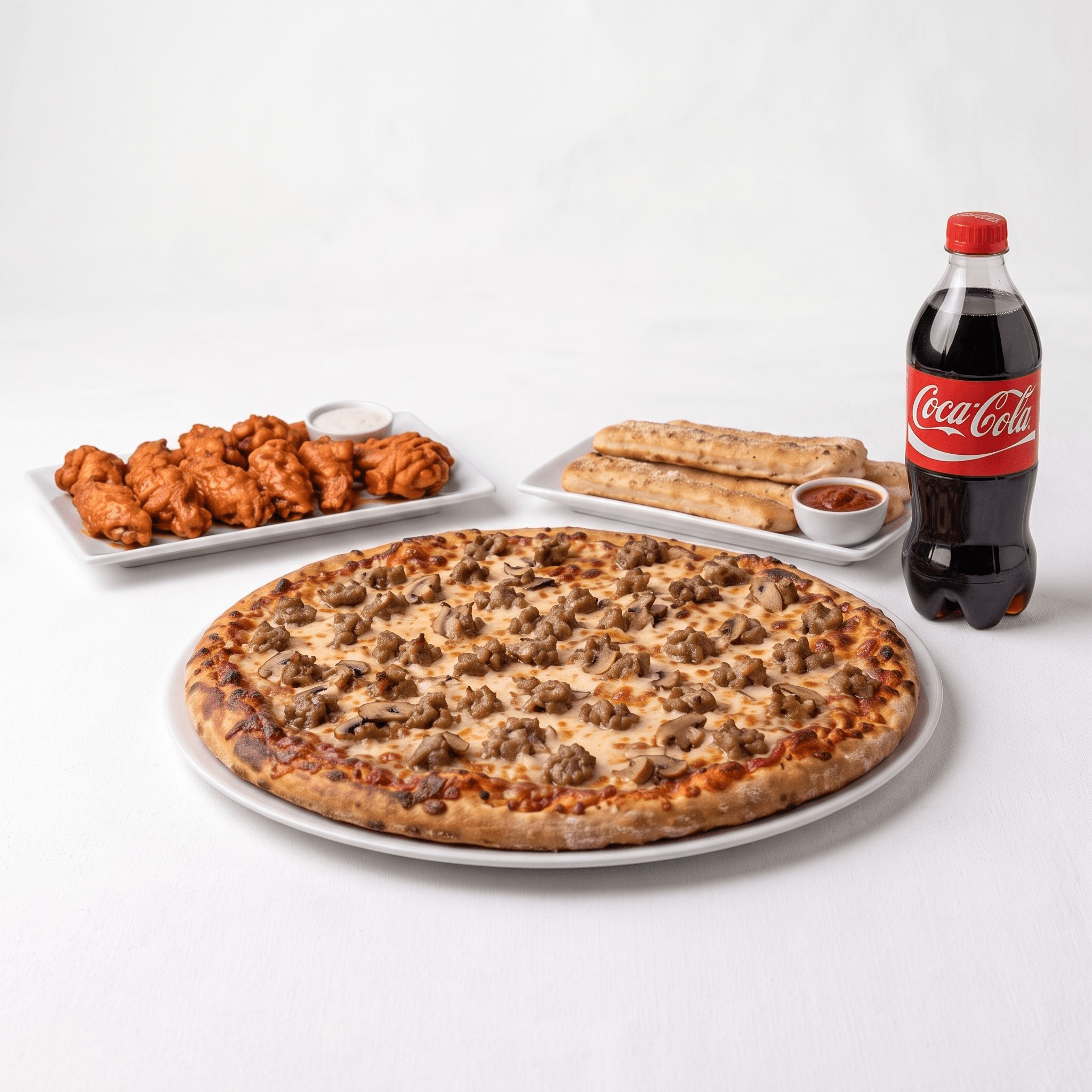 16'' Pizza with Two Toppings, 10 Pieces Buffalo Wings, Breadsticks, 2 Ltr Soda
