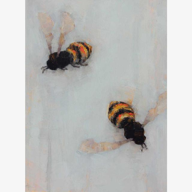 'Bees 28' by Angie Renfro. Oil on panel, 16 x 12 x 1.75