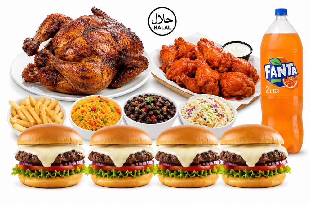 Family or Office Meal #3 🍗🔥 🍗🔥 (Whole Chicken+4 Sides, 4 Single beef Burgers, 20 Buffalo wing...