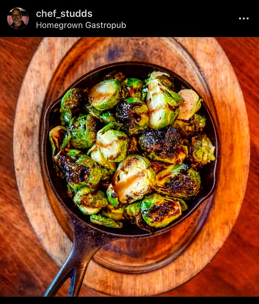 Skillet of Brick Oven Brussels Sprouts