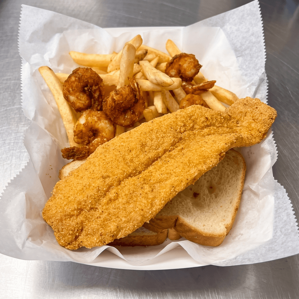 1 pc fish, 5 Shrimp and Fries
