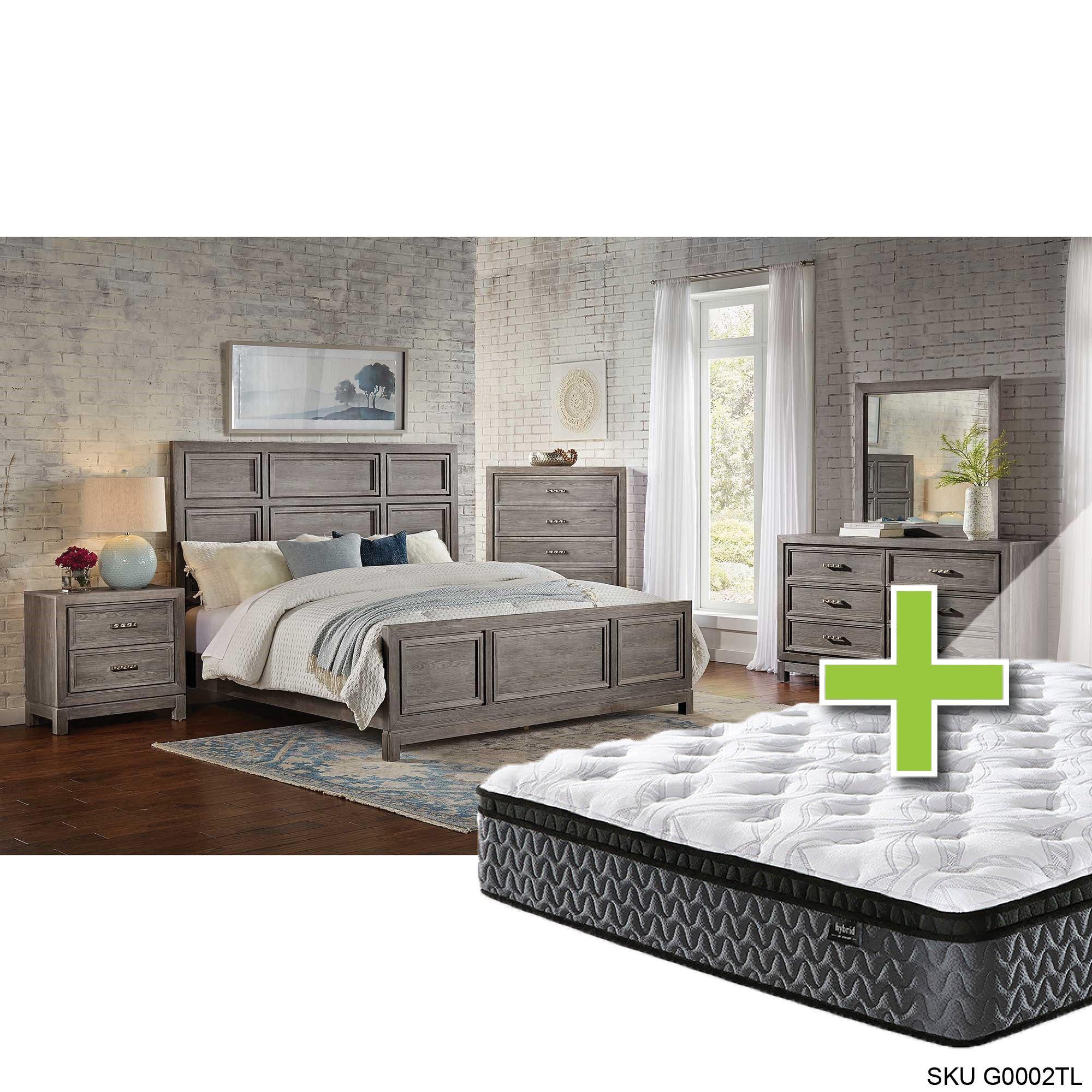 Queen Linton Bed w/12" Highland Premium Pillow Top Plush Memory Foam Mattress & Dresser, Mirror, Nig