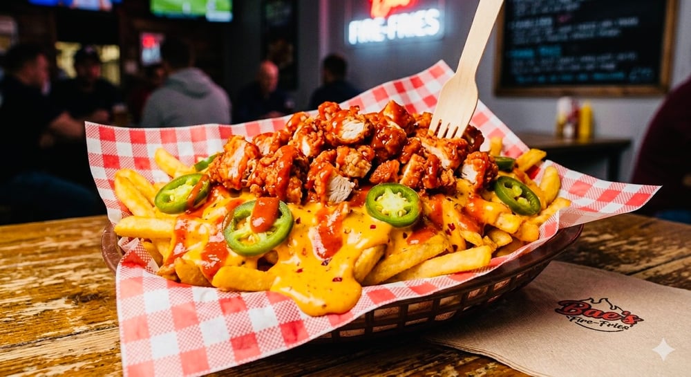 Bae's Fire Fries (Chopped tender, Spicy Mayo, Cheese Sauce, Jalapeños & Inferno Sauce)