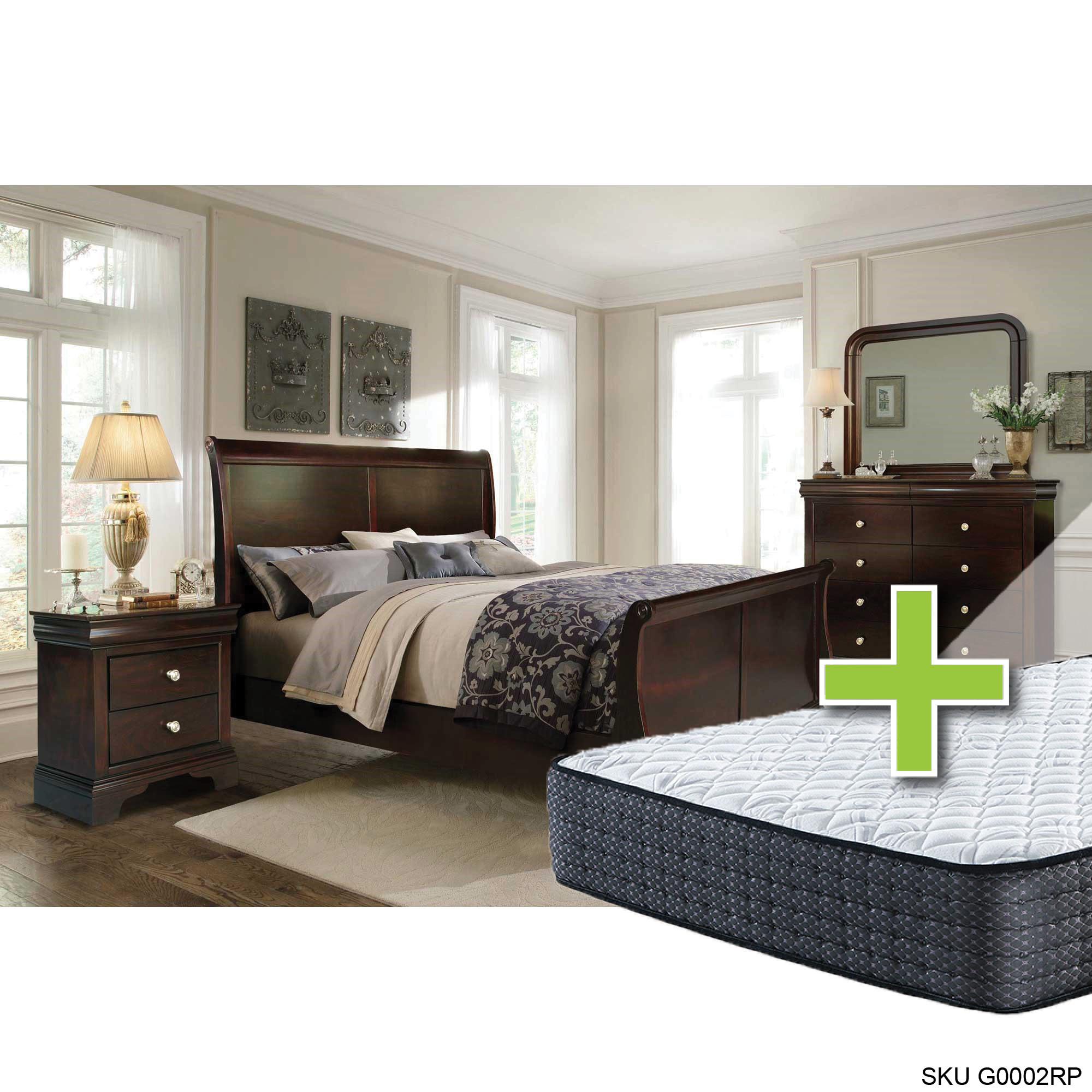 Queen Dominique Bed w/12" Upland Premium Tight Top Firm Memory Foam Mattress & Dresser, Mirror, Nigh