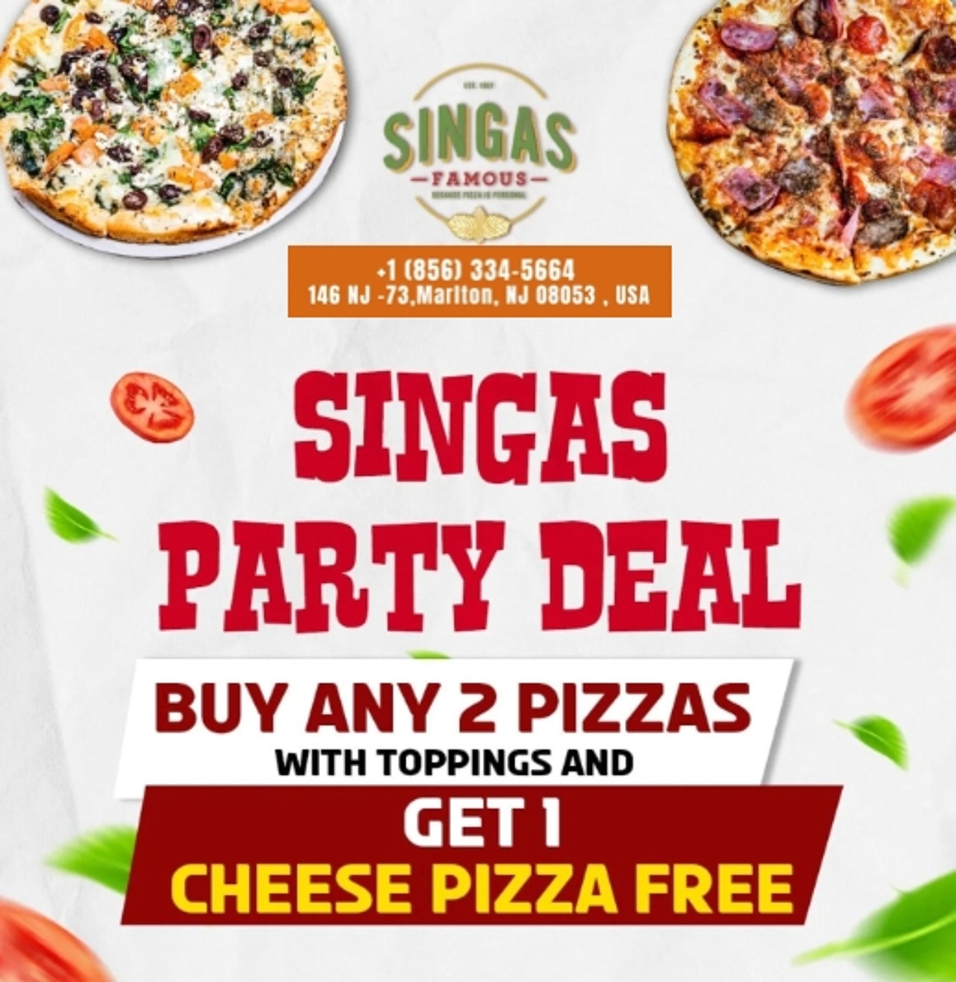 Buy 2 Pizza W/ Toppings get 1 Cheese Pizza Free
