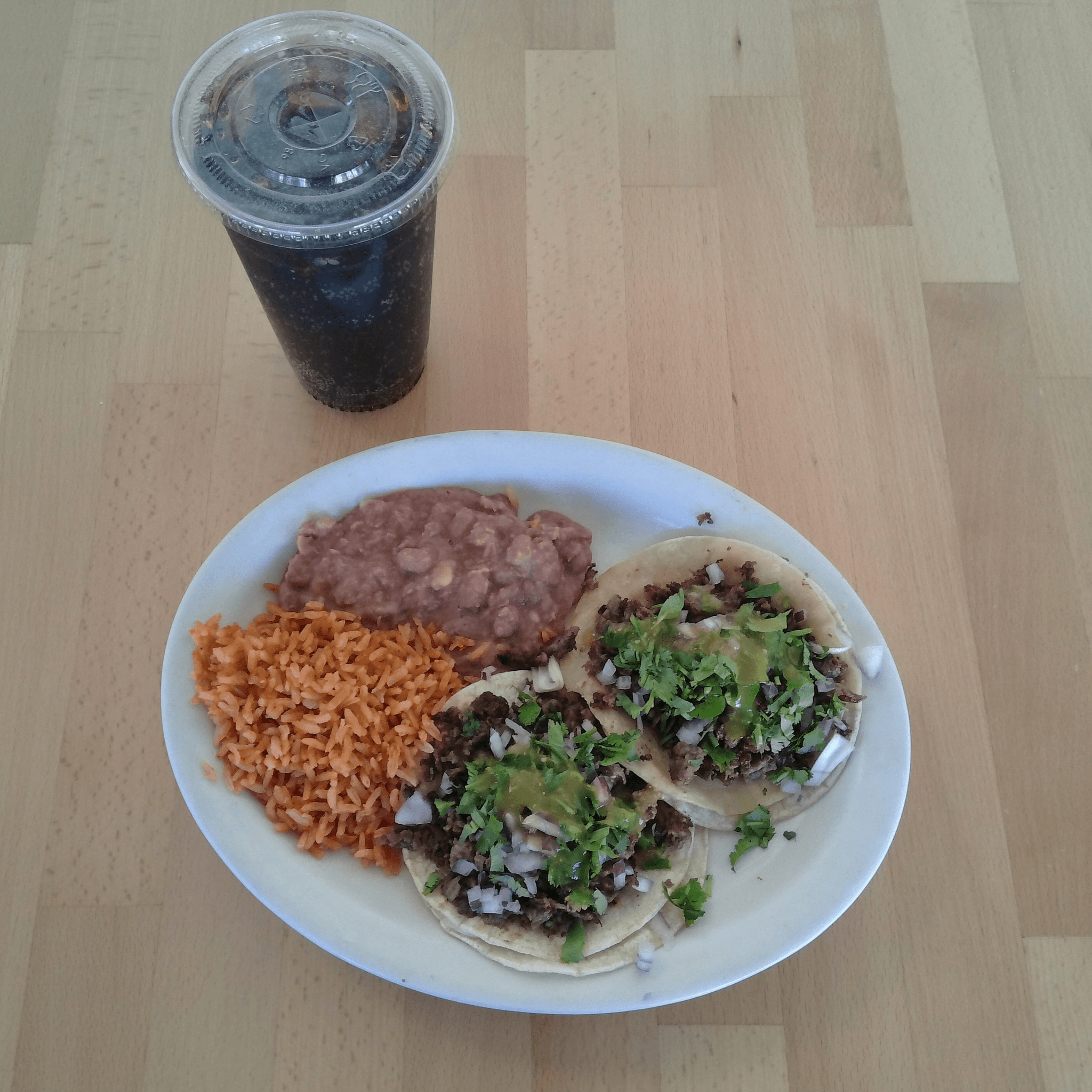 Taco Plate Special 2 Tacos, Rice, Beans & Drink