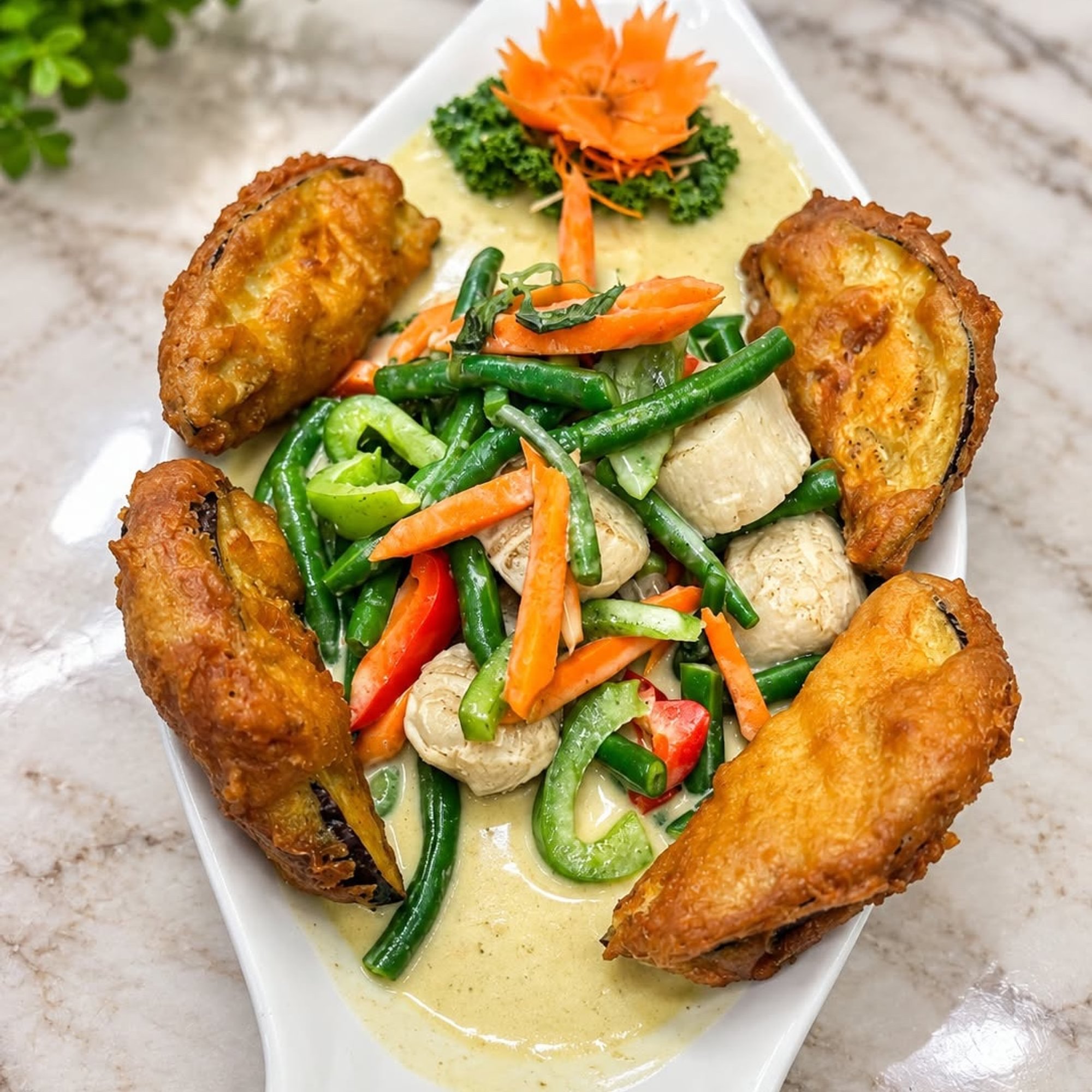 SP8. (D) Fried Eggplant & Sea Scallops