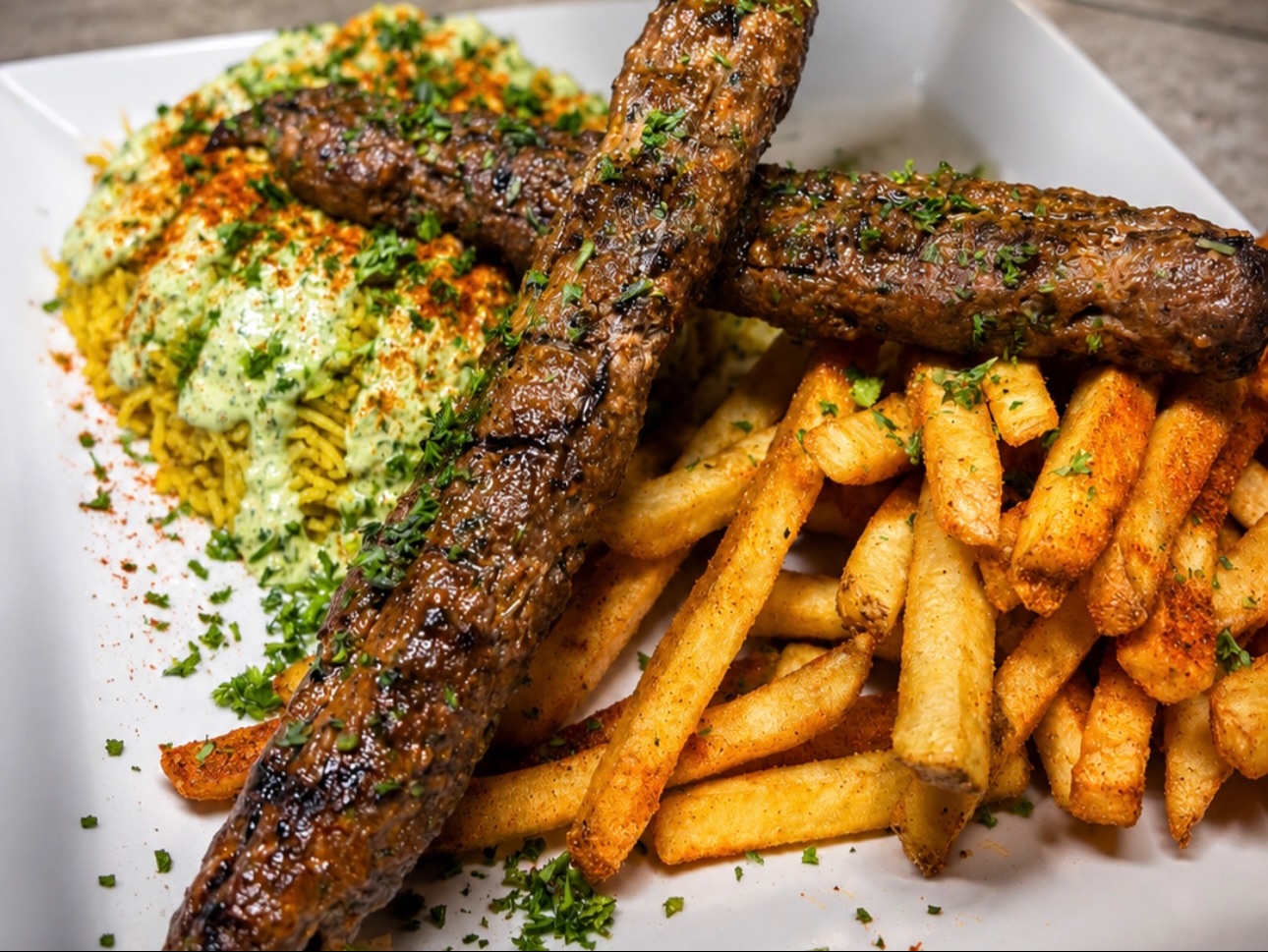 charcoal beef kabob plate