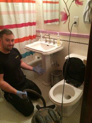 One of our technicians hard at work to fix this toilet! Providing a positive working environment and excellent work!