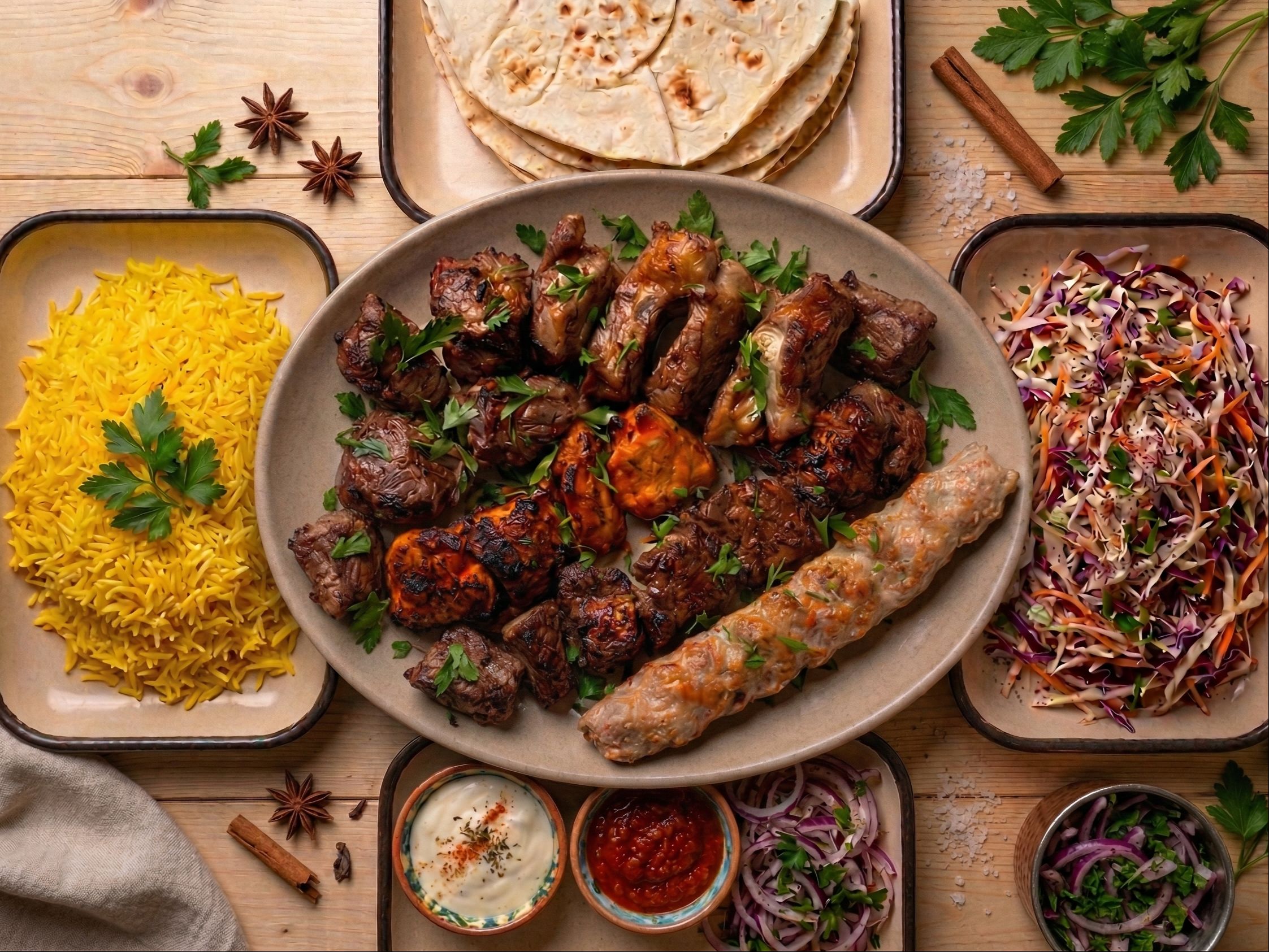 (4) Family Plate 5-6 people (3 Lula Koobideh Chicken, Lamb, Beef. 2 Chicken Thighs Kebab. 2 Lamb...
