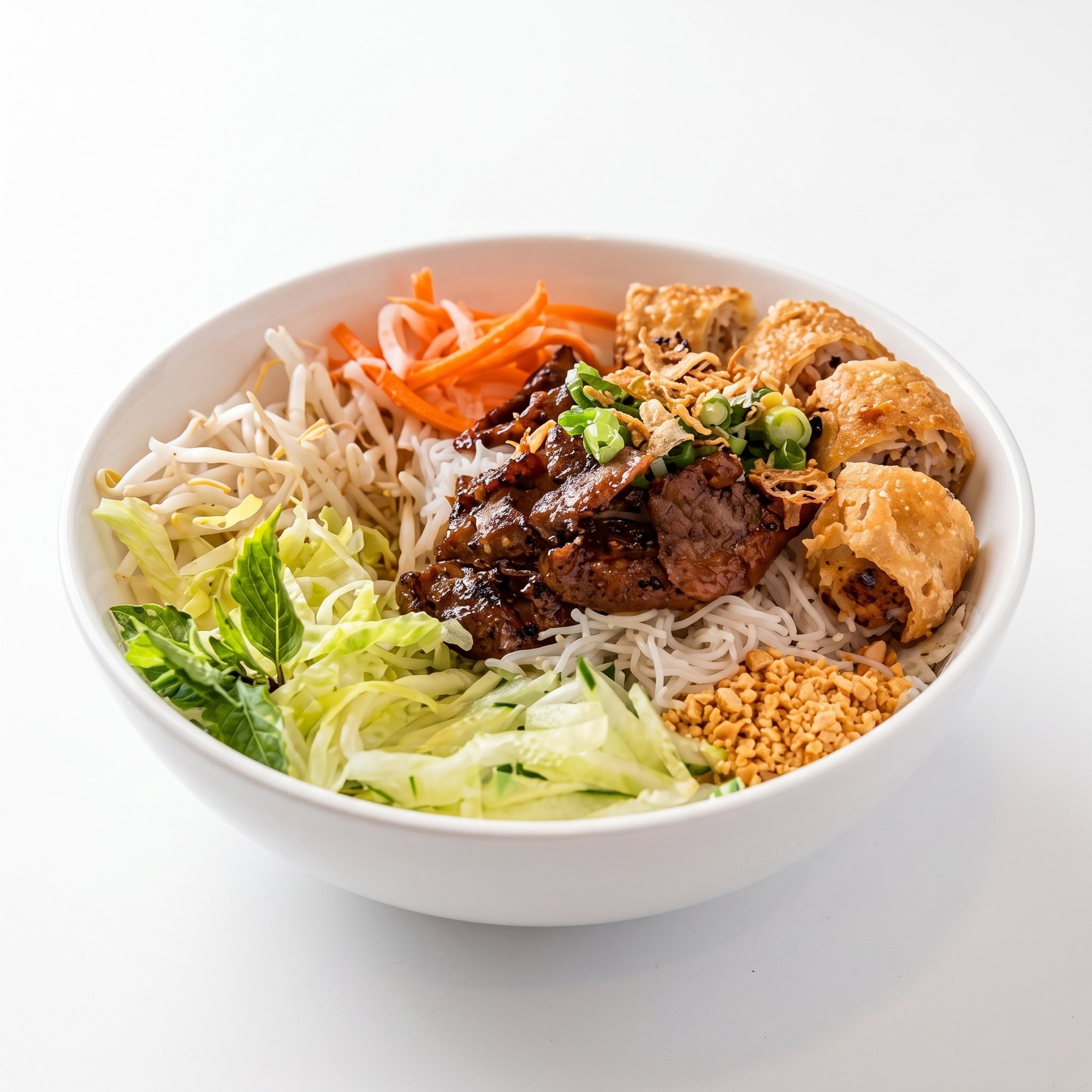 Rice Vermicelli with Charbroiled Pork Slices & Egg Rolls