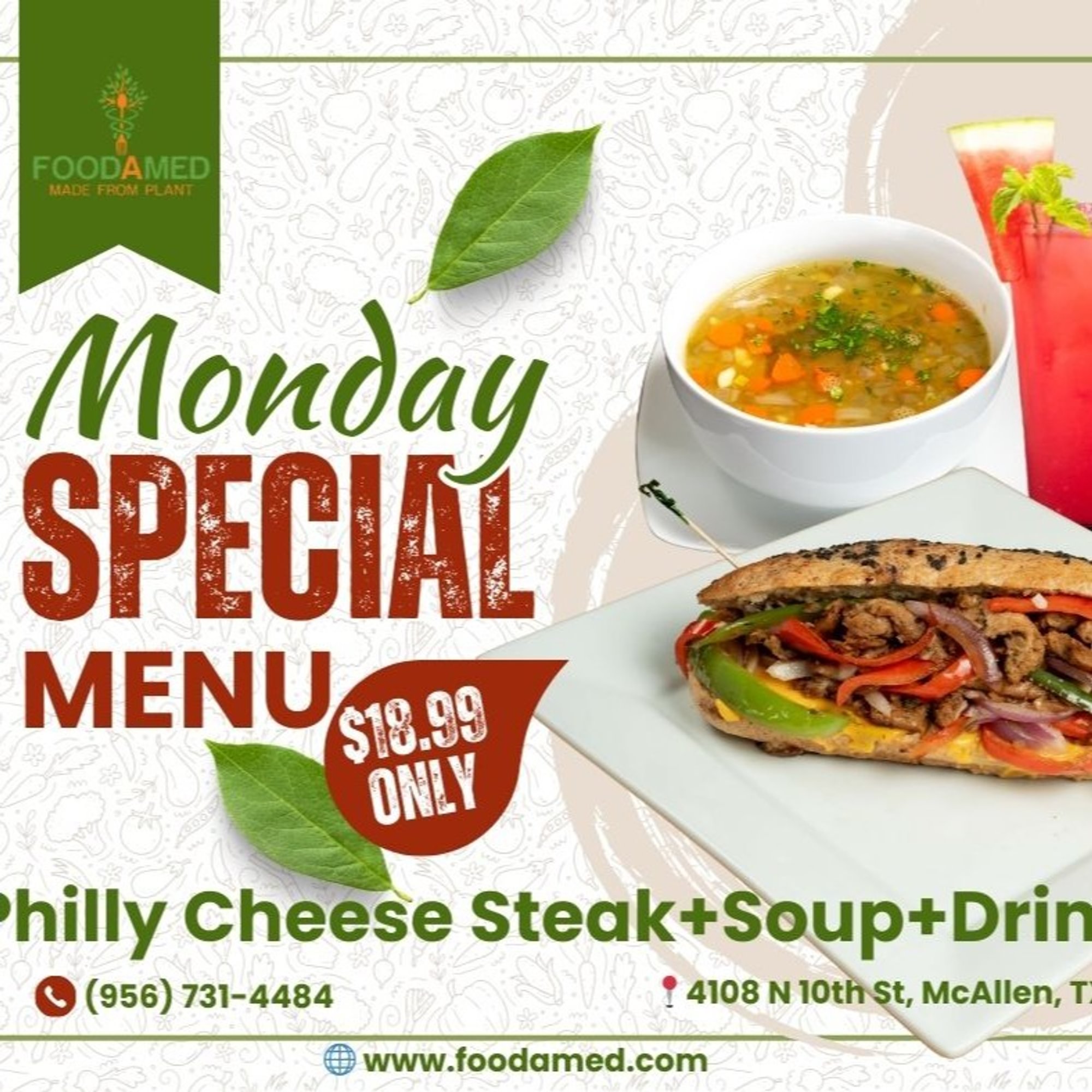 Monday - Philly Cheese Steak (6 inch) + small soup + Drink