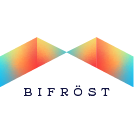 The Bifröst InmoPro logo features a stylized rainbow bridge formed by two mirrored, gradient-colored arches, creating a clean and modern "M" shape. The gradient flows from warm orange to cool blue tones, symbolizing digital innovation, seamless transition