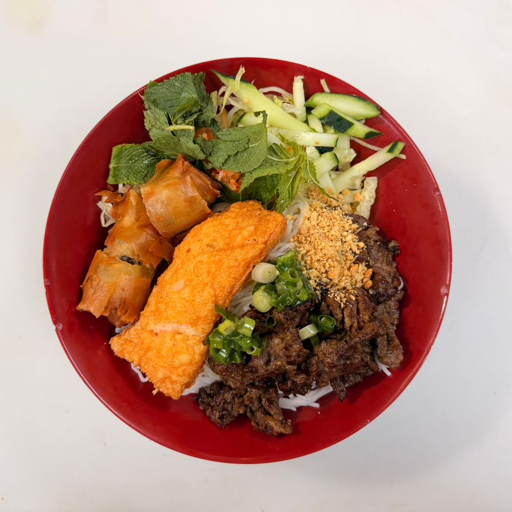 77. Grilled Beef, Shrimp Wrapped, Egg Roll on Vermicelli