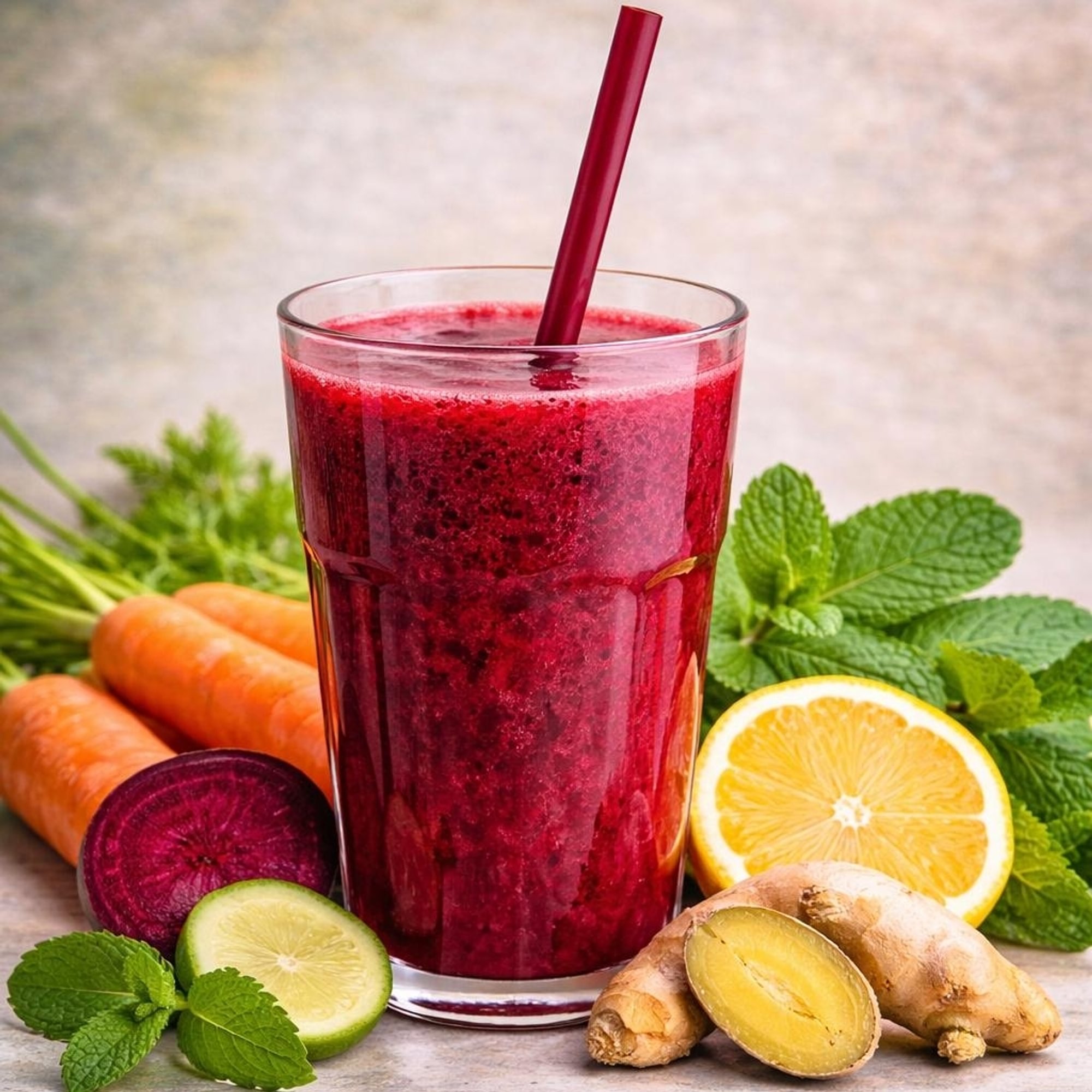 Beet Root, Carrot, Ginger, Mint, lemon
