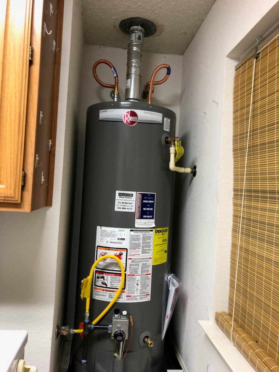 A 40 Gallon Tall Rheem Professional Classic series PROG40-38N RH62  installed with ProPlus Warranty Extension Anode Kit. This 10 year heater will easily provide hot water for the next decade! Wonderful installation by our plumber Josh