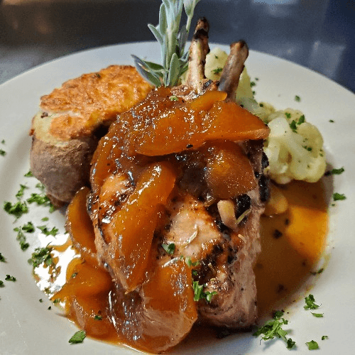 14oz Carlton Farms Double Cut Pork Chop, Frenched with Peach Chutney