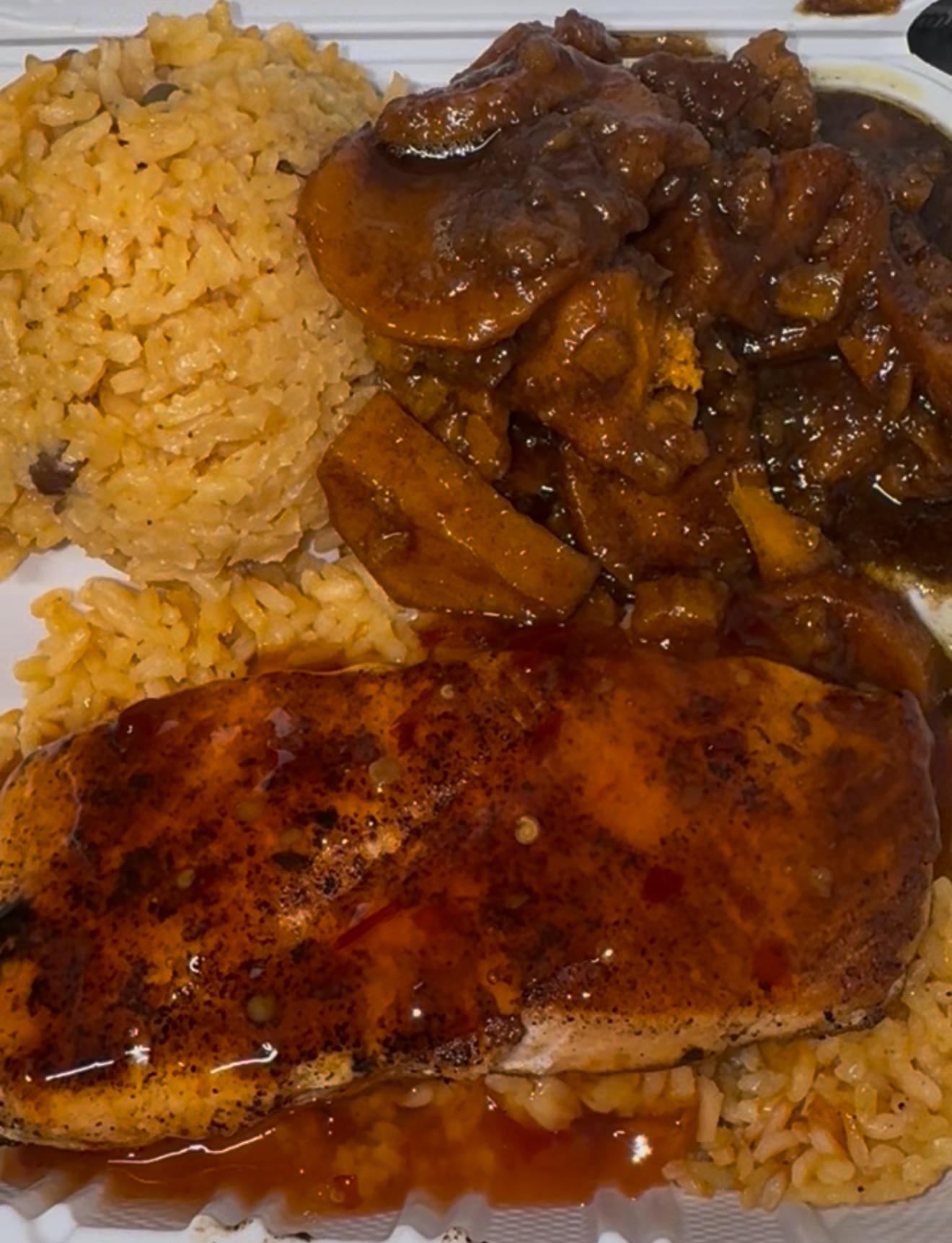 Salmon Over Rice w/ 2 Premium Sides