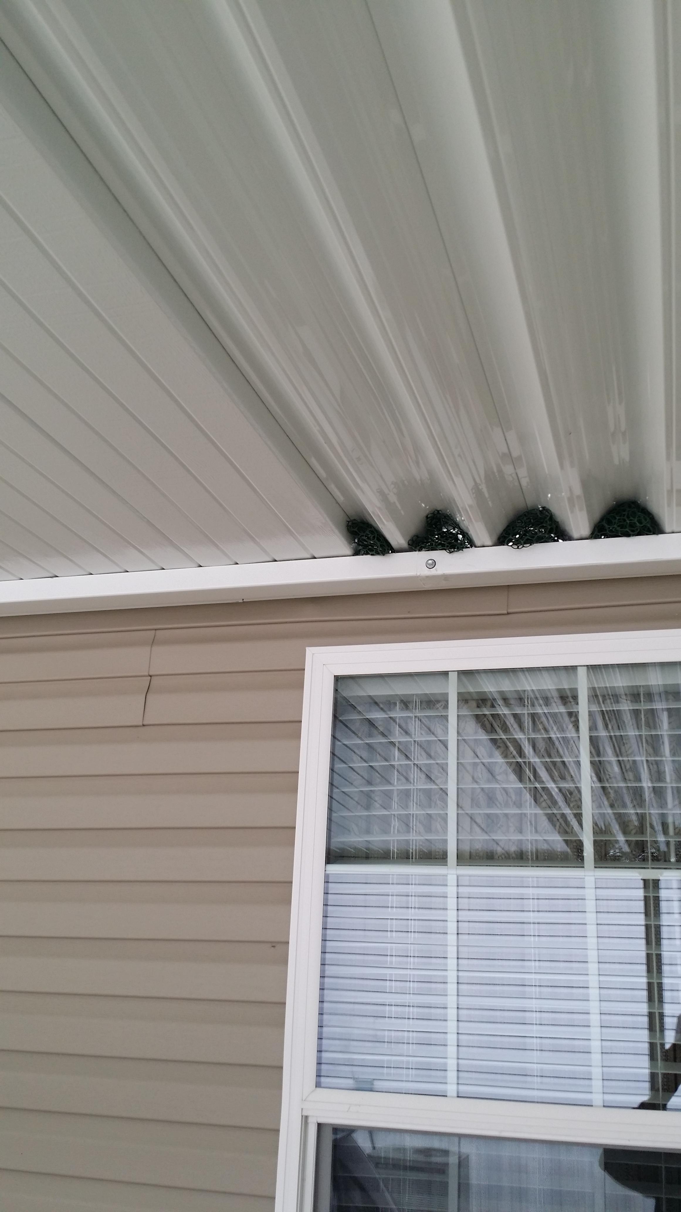 Side by side comparison shows old style to the right with bird plug material to keep the birds from nesting and plugging up gutters.