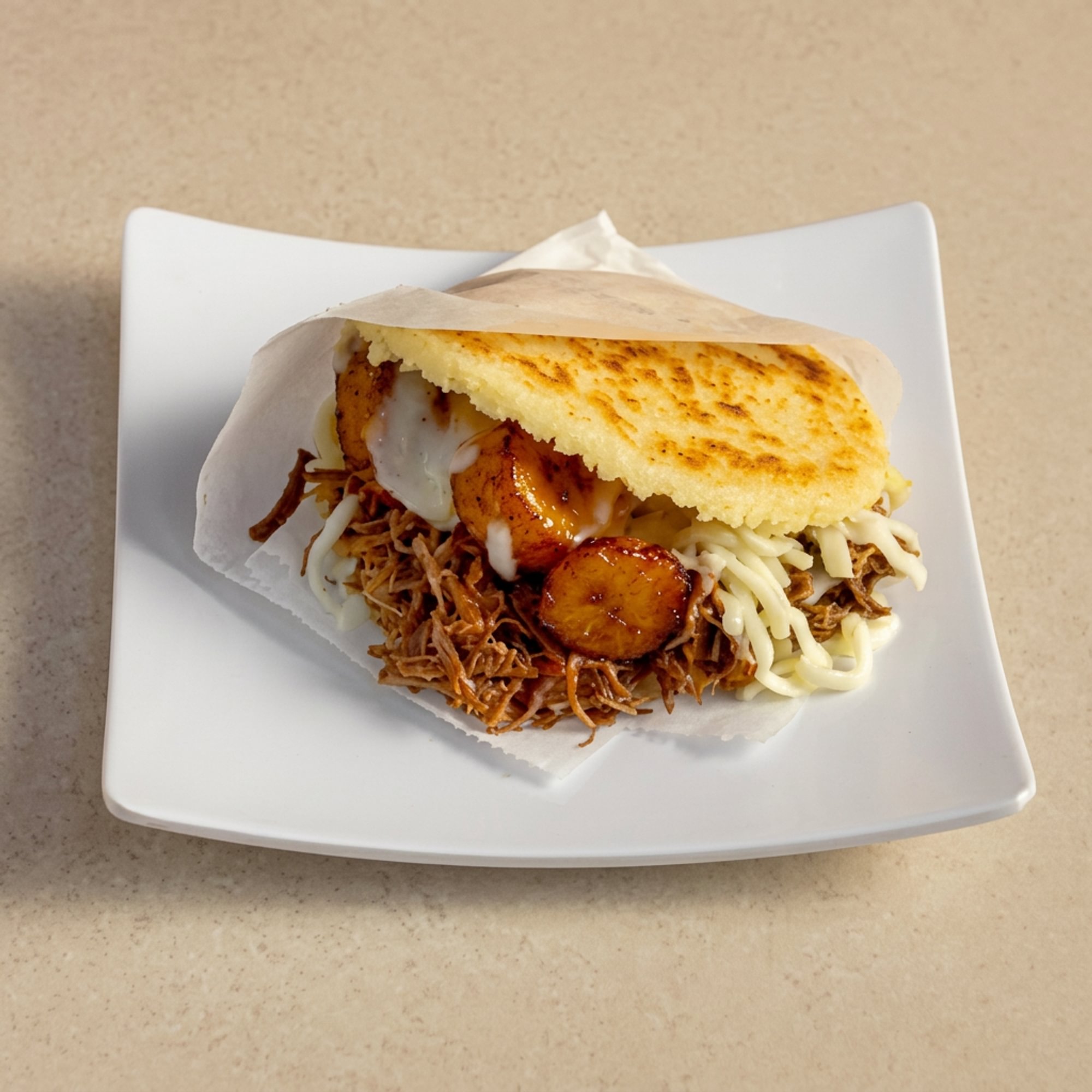 Arepa Pabellón (Shredded Beef and Black Bean Cornmeal Sandwich)