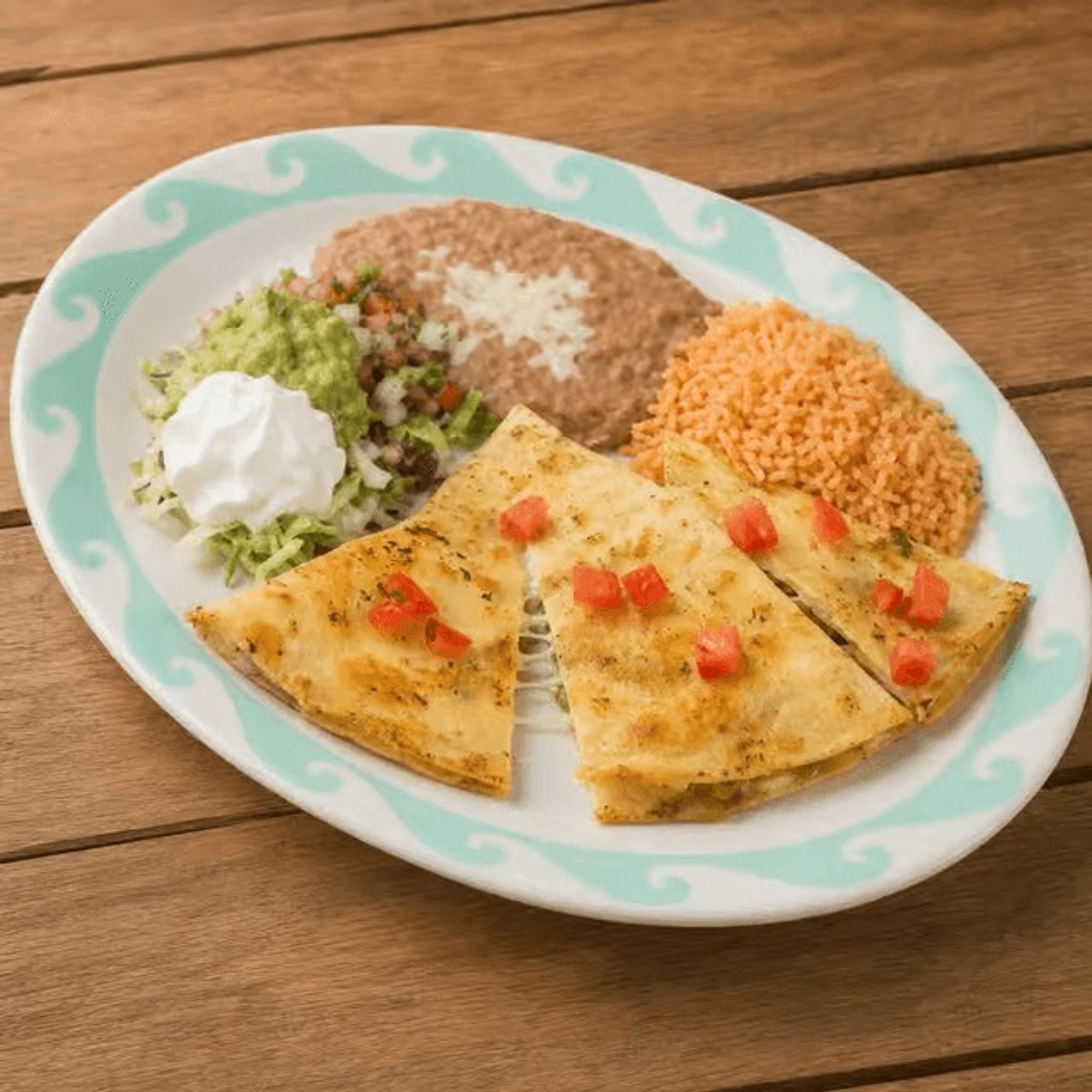 Quesadilla, Taco, and Rice & Beans