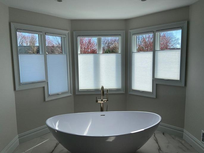 This stunning bath in Phillipsburg is complemented by our gorgeous Top-Down, Bottom-Up Cellular Shades that provide complete privacy and ample light into the room while maintaining some much-needed privacy.  BudgetBlindsPhillipsburg  TopDownBottomUpShades  CellularShades  FreeConsultation