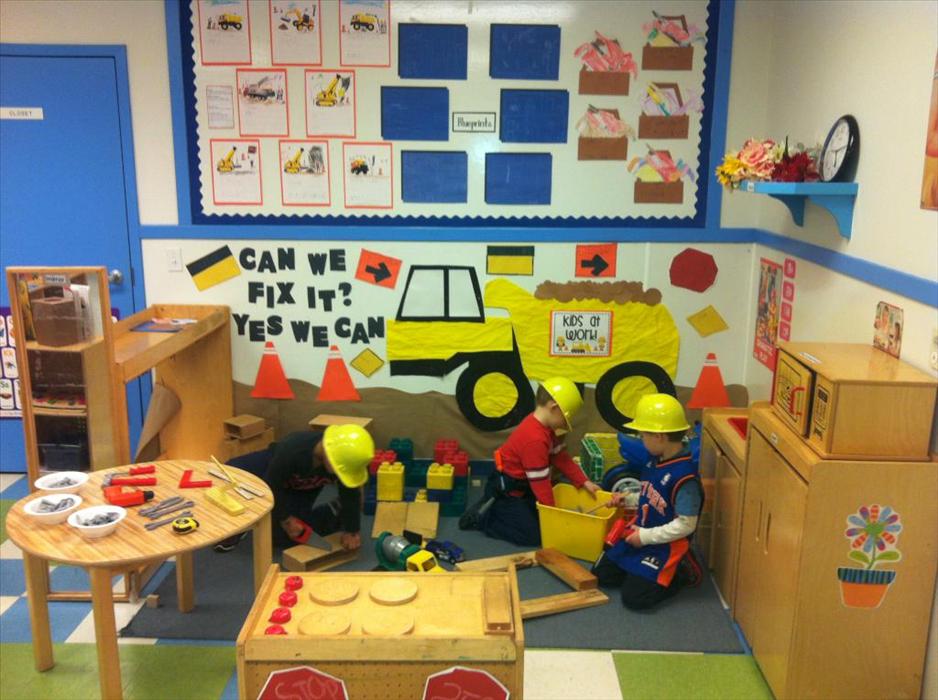 This is one of the enhancements for our dramatic play area. The children helped the teacher create a construction site during the tools and machines unit. The children used blocks, hammers, screw drivers, levels and so many more tools as they build different buildings, factories and structures. The children were arctitects, construction workers and used their imagination to be whatever they wanted to be! They used their hand-eye coordination, role paying skills, cooperation and problem-solving skills and ga