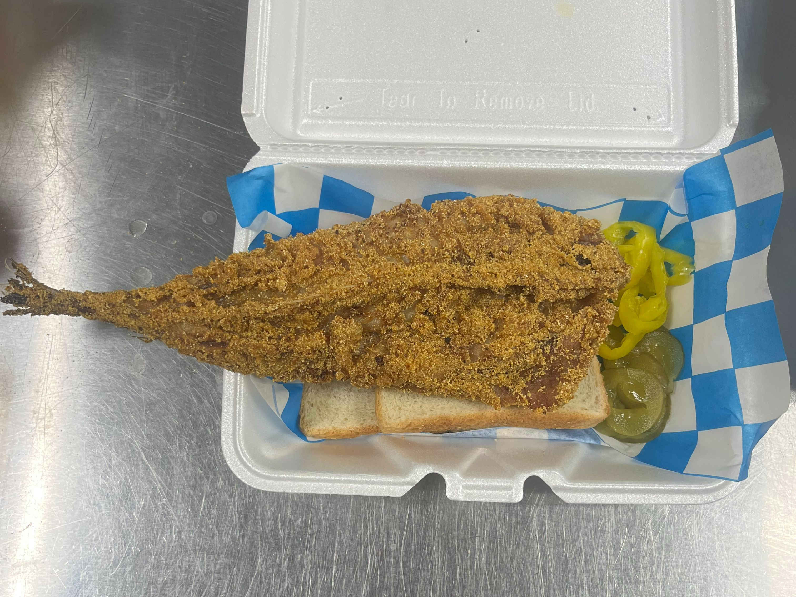 1 Piece Whole Whiting Sandwich with Pickles and Banana Peppers