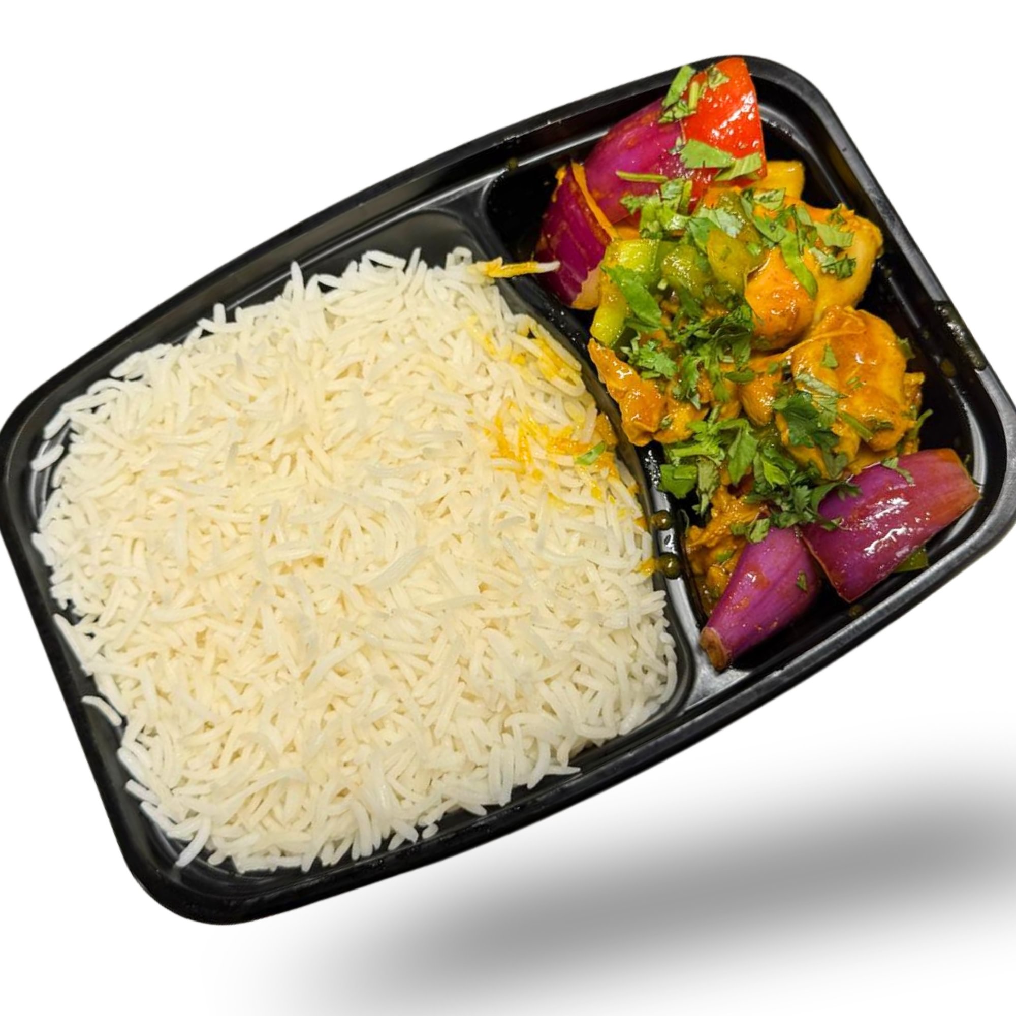 Chicken Jalfrezi Rice Bowl with Masala Fries