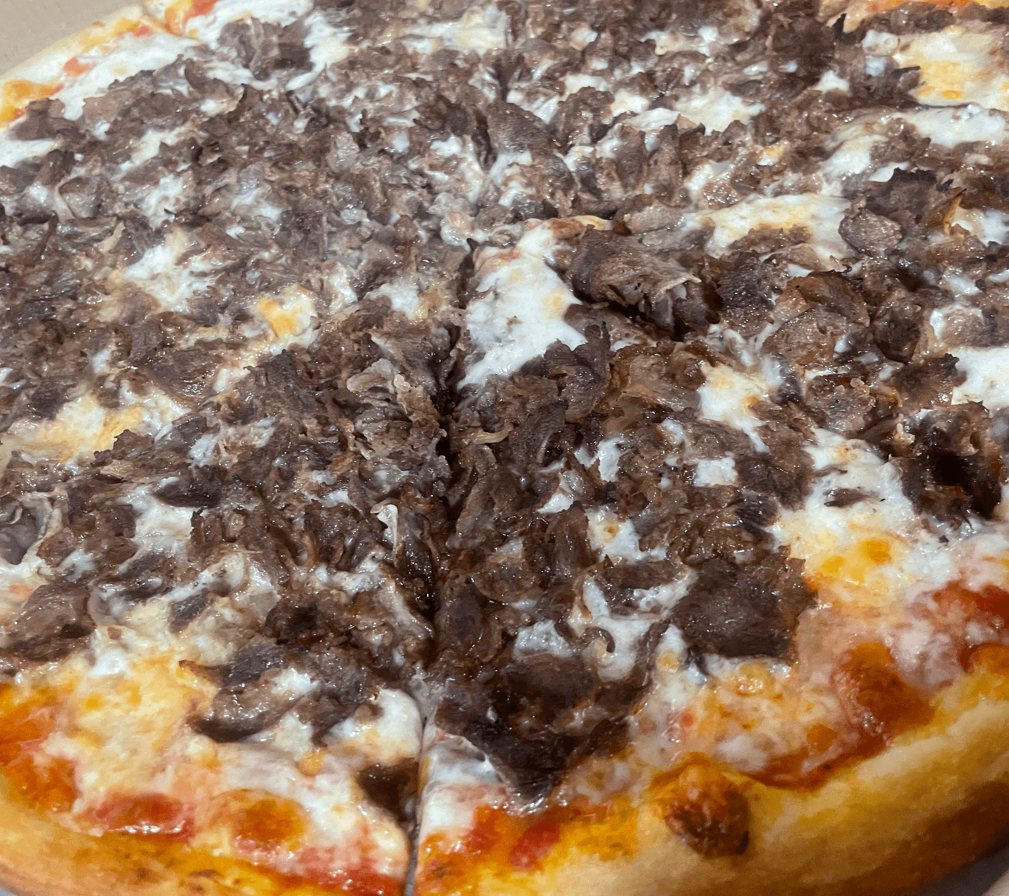 Beef or Chicken Cheesesteak Pizza
