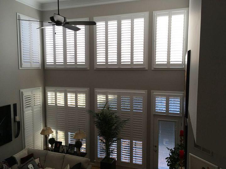 Custom Plantation Shutters by Budget Blinds of Fairfax give this family room a unified look from top to bottom, as well as provide adjustable defense against intense sunlight.  BudgetBlindsFairfax  ShutterAtTheBeauty  PlatnationShutters  FreeConsultation  WindowWednesday