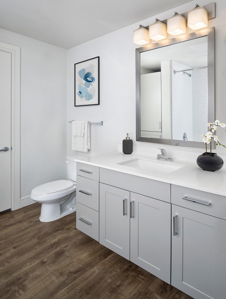 Flats gray style bathroom with white quartz countertops