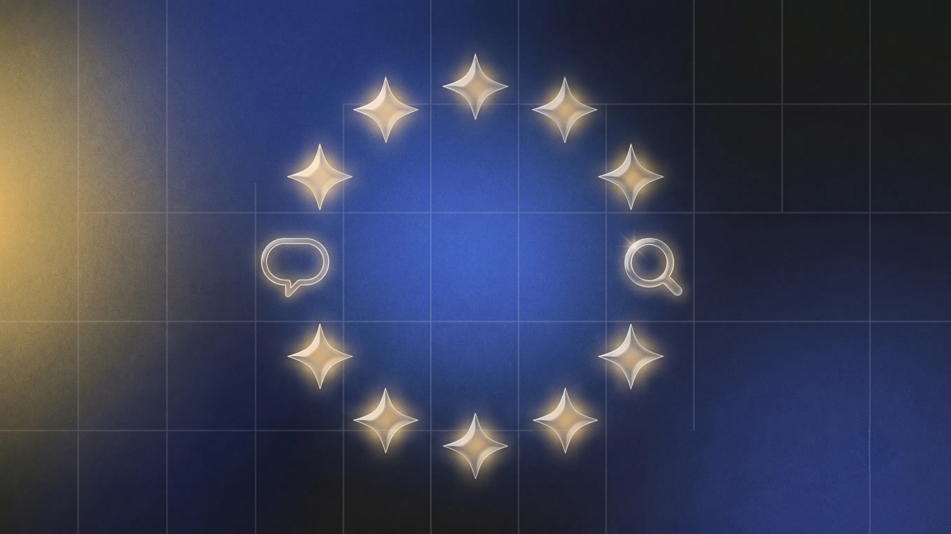 chatbot icon, magnifying glass, stars, AI search