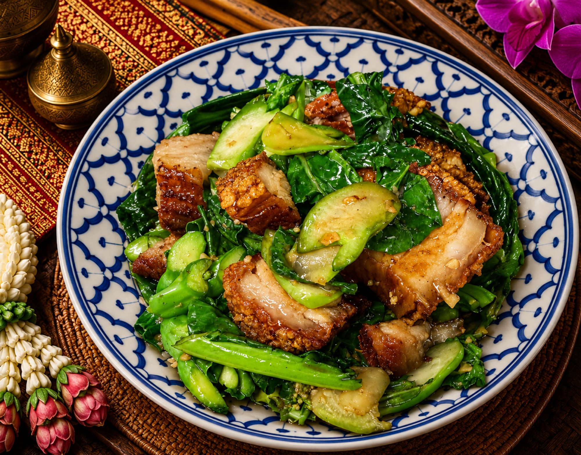 Ka-Na Moo Grob (Chinese broccoli, Pork belly)
